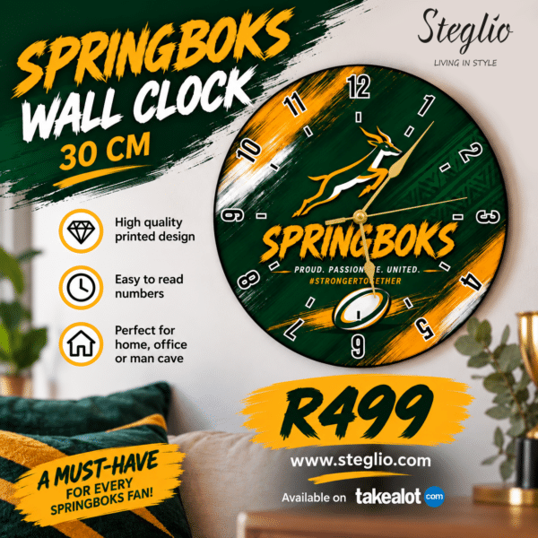 Springboks Rugby Wall Clock - 30cm - Steglio